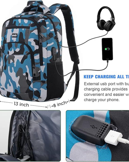 Backpack for Men,College Backpack School Bookbag for Teens,Laptop Bookbag with USB Port and Headphone Hole,Camouflage Blue
