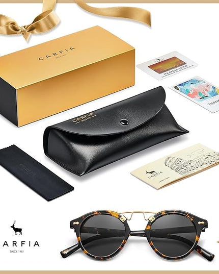 CARFIA Small Face Acetate Polarized Sunglasses for Women UV Protection, Retro Double Bridge Eyewears Metal Brow Round Sunnies