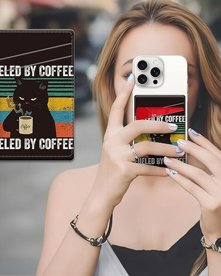 Phone Card Holder, Dual Pocket Leather Wallet Adhesive Stick On, Cute Credit Card Holder for Smartphones Case Compatible with Most Phone（Cat drinking coffee）