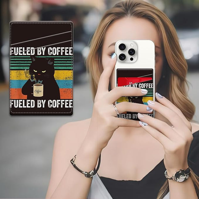Phone Card Holder, Dual Pocket Leather Wallet Adhesive Stick On, Cute Credit Card Holder for Smartphones Case Compatible with Most Phone（Cat drinking coffee）