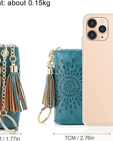 APHISON RFID Credit Card Holder Zipper Card Case Keychain Small Wallet for Women 1942-2 PEACOCK-BLUE