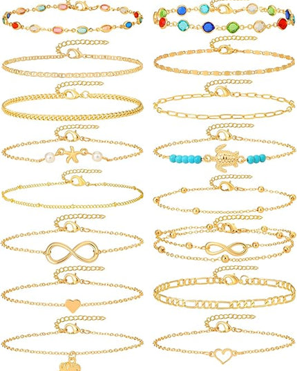 Starain 12Pcs Summer Beach Anklets for Women Waterproof Gold Silver Chain Ankle Bracelets Cute Women's Foot Anklet Set 7.9-10.5 inch Adjustable