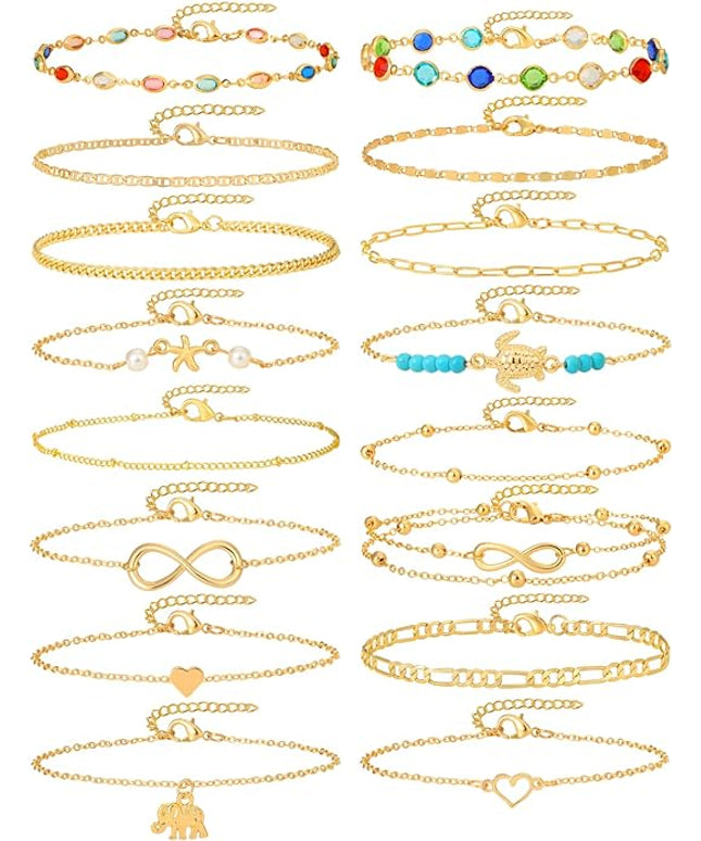 Starain 12Pcs Summer Beach Anklets for Women Waterproof Gold Silver Chain Ankle Bracelets Cute Women's Foot Anklet Set 7.9-10.5 inch Adjustable