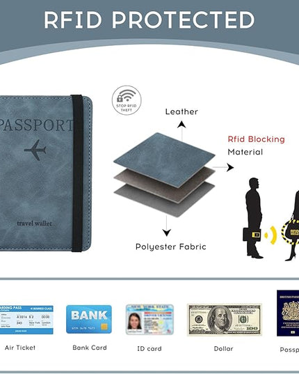 ILIYAH-Passport Cover-Passport Holder Travel Wallet-RFID Blocking Passport Case Travel Accessories Card Holder Wallet Unisex Travel Gifts(Greyish Blue)