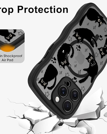 Cute Case for iPhone 15 Pro Max Case [Compatible with MagSafe] with Kawaii Black Cats Cat Print Pattern Design for Women Girls, Soft Wavy Edge Anti-Slip Animal Magnetic Protective Phone Cover