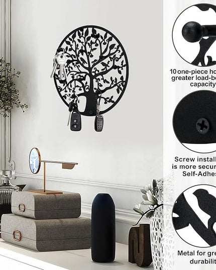 ZULONG Round Decorative Home Key Holder Wall Mount, Metal Tree Car Key Rack for Wall Organizer for Keys, Wallets, Hats, Used for Decor for House Entryway, Kitchen, Garage, Office (8" Black)