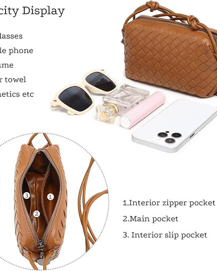 Woven Leather Crossbody Bag,Small Woven Crossbody Purse for Women, Mini braided Clutch Shoulder Handbag,Light Weight