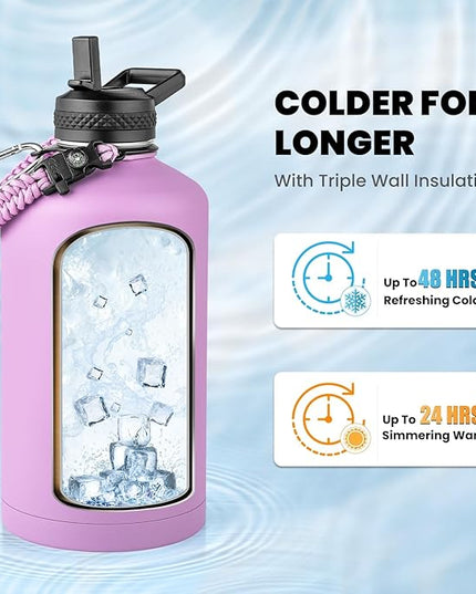 One Gallon Water Bottle Insulated, Triple Walled Vacuum Stainless Steel (Cold for 48 Hrs), Leak Proof & Non-BPA, Large Water Flask Jug with Paracord Handle & Straw Spout Lids