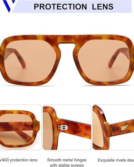 VANLINKER Oversized Retro Square Aviator Sunglasses for Women Men 70s Vintage Style Trendy Big Flat Top Sun Glasses VL9826