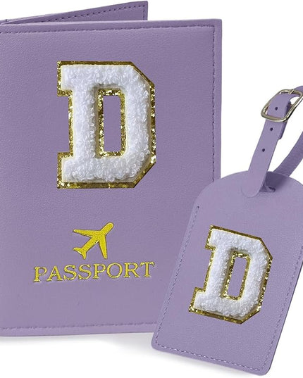 COSHAYSOO Purple Initial Passport Cover and Luggage Tag Set TSA Approved with Chenille Letter Patch for Women Teenage Girls, Family Travel Passport Holder Bag Suitcase Cruise Ships Identifier(D)