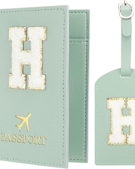 PATIKIL Passport Holder for Travel, Initial Passport Cover and Luggage Tag Set with Alphabet Chenille Letter Patch Travel Wallet Bag Suitcase Identifier for Women Family Travel Green H