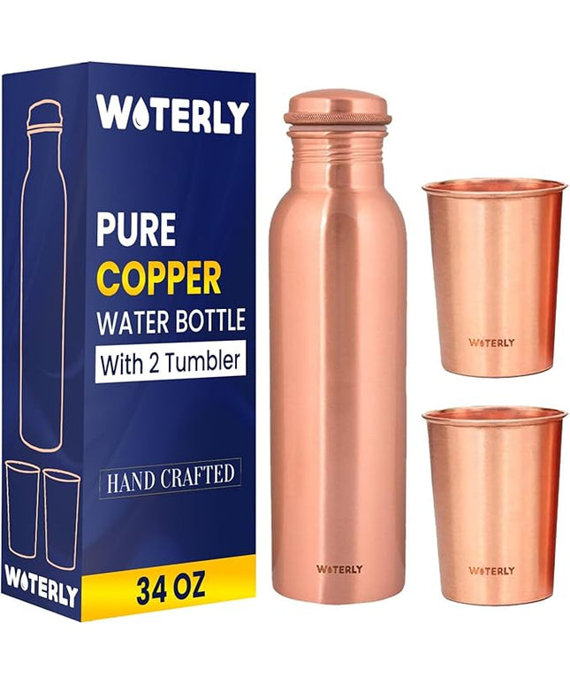 Plain Copper Water Bottle (34 Oz /1000ml) With Set Of 2 Tumbler (10 Oz/300ml Each) | Best use for Office,Gym & gifts |100% Pure Copper Material with Leak proof Quality Made In India
