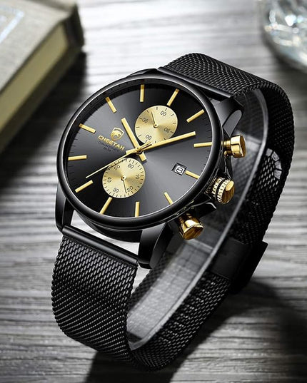 GOLDEN HOUR Mens Watch Fashion Sleek Minimalist Quartz Analog Mesh Stainless Steel Waterproof Chronograph Watches for Men with Auto Date