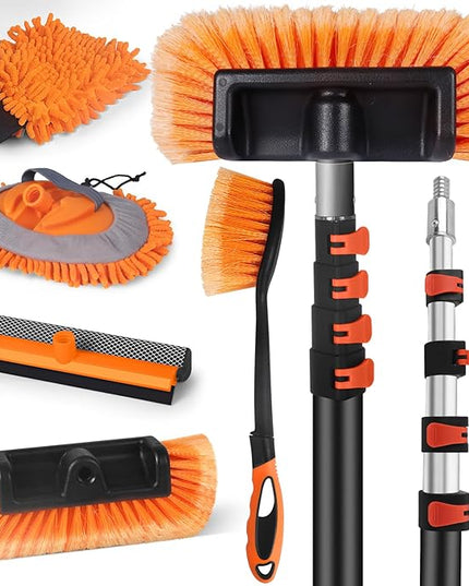 Car Wash Brush with Long Handle,144" Scratch-Free Soft Bristle Car Cleaning Kit with Extension Pole,Microfiber Clean Mop,Window Squeegee,Mitt,Wheel Brush for RV,Truck,SUV,Siding Washing