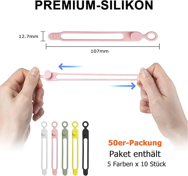 Nearockle 50Pcs Silicone Cable Ties Cord Organizer for Bundling Earphone, Phone Charger, Computer Cords, Reusable Cable Ties Wire Organizer in Home,Office,Kitchen,School (5 Colors)