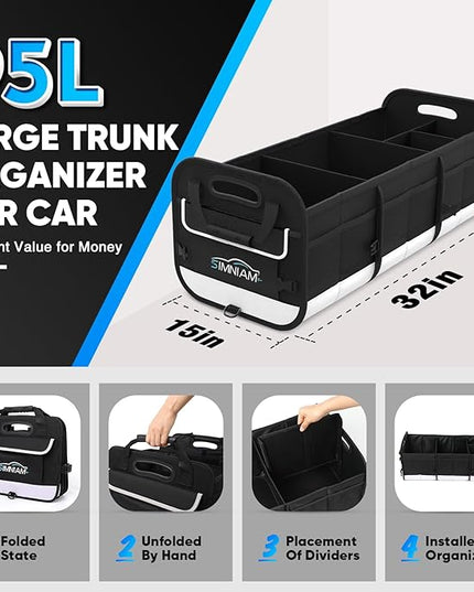 Simniam Large Car Trunk Organizer - with 5 Compartments Trunk Organizers and Storage SUV, Reinforced Handle, Securing Straps, Trunk Organizer Available for Car, SUV, Truck, Minivan