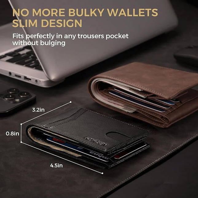 RUNBOX Wallet for Men Bifold RFID Blocking Wallets with 2 ID Window 14 Card Holders 1 cash pocket 1 Gift Box