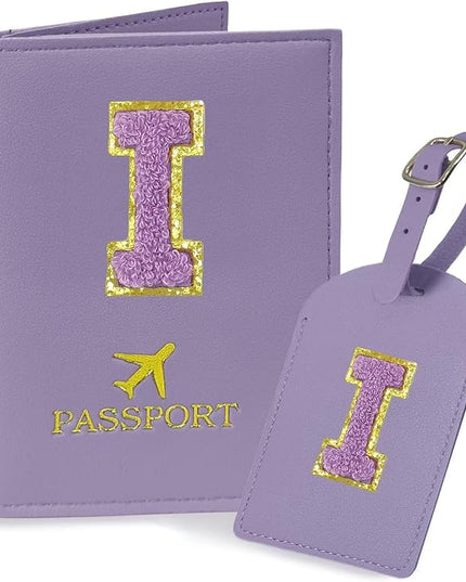 COSHAYSOO Initial Passport Cover Luggage Tag Set Letter Passport Holder Airplane Cruise Travel Essentials Vacation Traveling Accessories Personalized Gifts for Women Teen College Girls Purple I