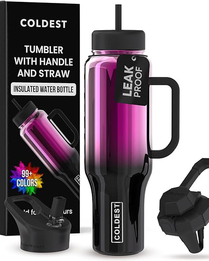 Coldest Tumbler with Handle and Straw - 100% Spill Proof Tumbler with Straw (3 Lids) - Stainless Steel Insulated Leakproof Tumblers for Women & Men - Cup Holder Friendly - 46 oz (Violet Nova)