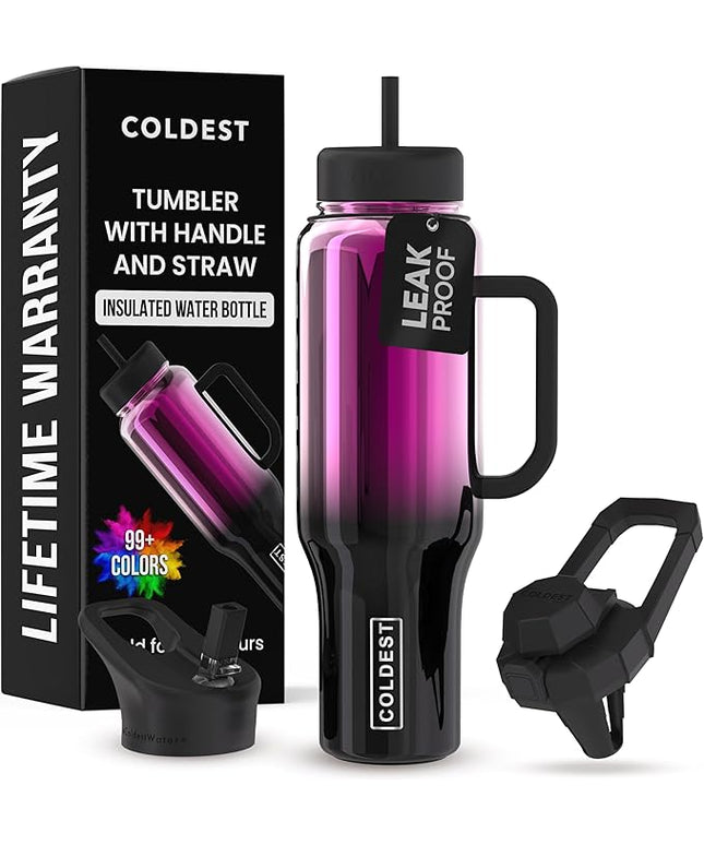 Coldest Tumbler with Handle and Straw - 100% Spill Proof Tumbler with Straw (3 Lids) - Stainless Steel Insulated Leakproof Tumblers for Women & Men - Cup Holder Friendly - 46 oz (Violet Nova)