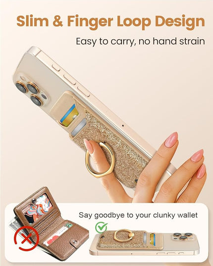 Shorogyt Compatible with Magsafe Wallet Magnetic Card Holder - Phone Wallets with Ring Grip Stand Cute Fashion for iPhone 17/16/15/14/13/12 Series for Women Girls Glitter Gold Design, Fit 3 Cards