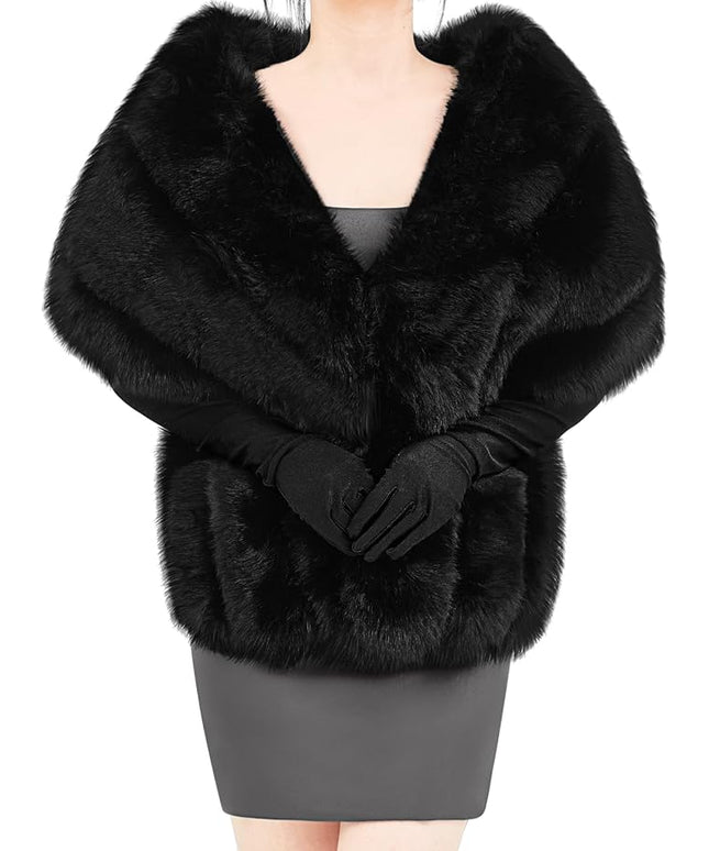 Zhanmai 2 Pcs Winter Long Shawl Cloak Stretchy Glove Opera Bridal Dance Gloves for Women Dress Party Coat