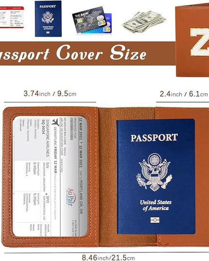ULICO Initial Passport Cover and Luggage Tag Set,PU Leather Letter Passport Case Holder Travel Suitcase Tag, Personalized Travel Luggage Accessories Gifts for Women Kids Teenage Brown K