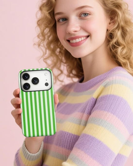 Magnetic for iPhone 17 Pro Max Case Cute Stripes Phone Case, Shockproof Slim TPU and Hard PC Protective Phone Cover Compatible with MagSafe Designed for Women Girls, Deep Green
