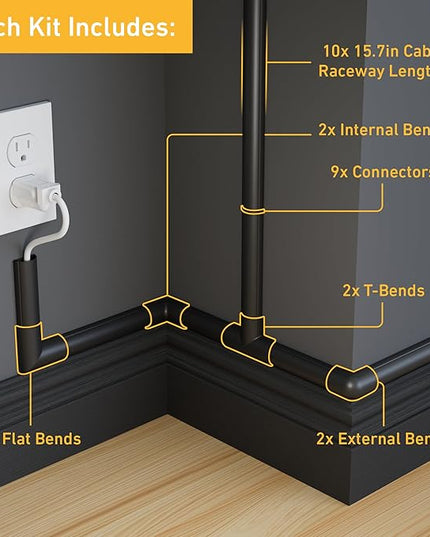 D-Line 157in Cord Cover Kit, Self-Adhesive Wire Hiders, Cable Raceway to Hide Wires on Wall, Electrical Cable Management - 10x 15.7 Lengths & 19 Accessories - 1.18" (W) x 0.59" (H) - Black