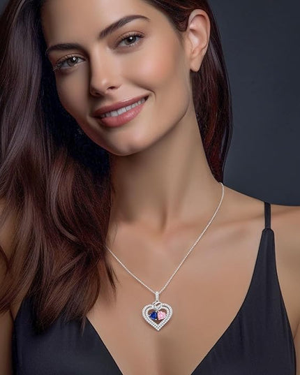 LOUISA SECRET Sparkling Double Heart Birthstone Necklaces for Women, 925 Sterling Silver Fine Jewelry, Pendant Heart Necklaces Birthday Anniversary Christmas Gift for Women Wife Mom Girlfriend Lady