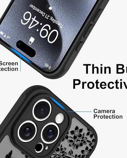 Cute Case for iPhone 15 Pro Max Case with Stand [ Compatible with MagSafe ] Kawaii Black Cat & Floral & Butterflies Pattern Design 360 Magnetic Ring Kickstand Phone Cover for Women Girls Boys
