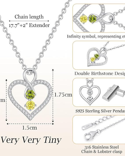 LOUISA SECRET Infinity Double Birthstone Necklace, 925 Sterling Silver Tiny Pendant Heart Necklace for Women Wife Her, Best Jewelry Gift Heart Jewelry Meaningful Gift for Valentine's Day, Christmas, Birthday Anniversary