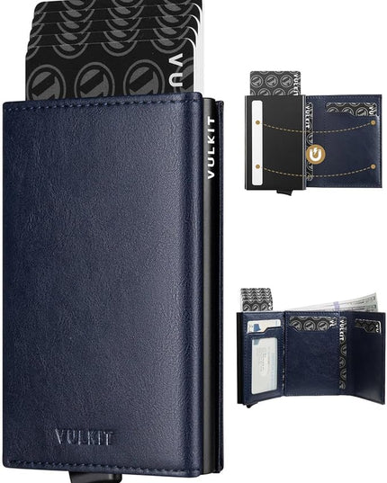 VULKIT Pop up Card Wallet Minimalist Cash Wallets RFID Blocking Leather Smart Credit Card Holder with ID window for Men(Navy)