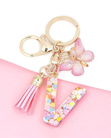 Fashion Alphabet Initial Letter Keychain Tassel Butterfly Pendant Key Ring for Purse Handbags Women Girl