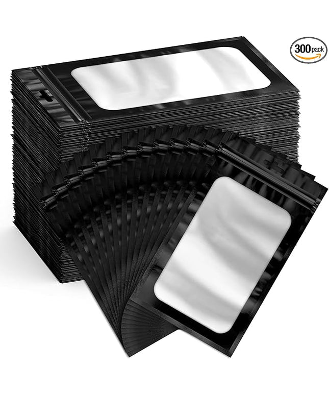 Funfery 300 Pack Smell Proof Resealable Bags for Food Storage,Mylar Clear Bags 4.7x7.9 Black Packaging Bag- Edibles,Odorless Scent Proof Bag for Cookies, Zip Foil Pouch for Small Business
