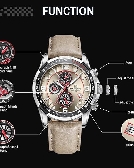 NAVIFORCE Sport Watches for Men Analog Quartz Chronograph Leather Strap Wrist Watch