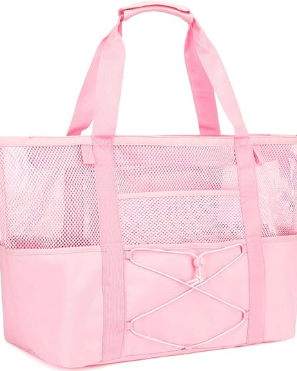 Mesh Beach Bag, Large Beach Tote with Zipper Pocket, Toys Pool Bag for Family Travel Vacation Cruise Essentials