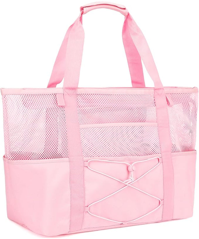 Mesh Beach Bag, Large Beach Tote with Zipper Pocket, Toys Pool Bag for Family Travel Vacation Cruise Essentials