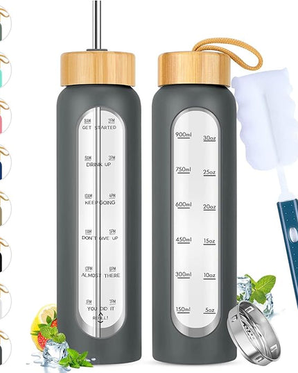 32 oz Glass Water Bottle with Straw - Motivational Time Marker & Silicone Sleeve - Reusable Tumbler Includes 2 Bamboo Lids & Fruit Infuser - 1 Pack