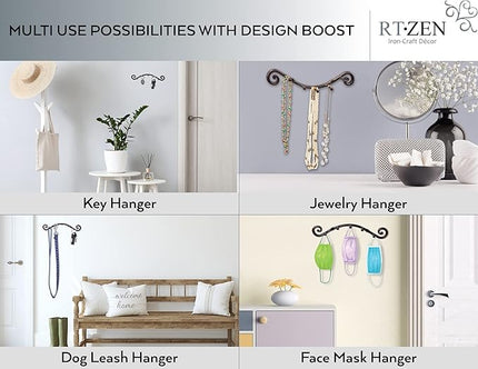 RTZEN Farmhouse Small Key Holder for Wall - Handcrafted Swirl Decorative 5 Key Hooks for Home Entryway - Wrought Iron Wall Mount Rack Purse Coat and Leash Holder or Organizer (Swirly Black)
