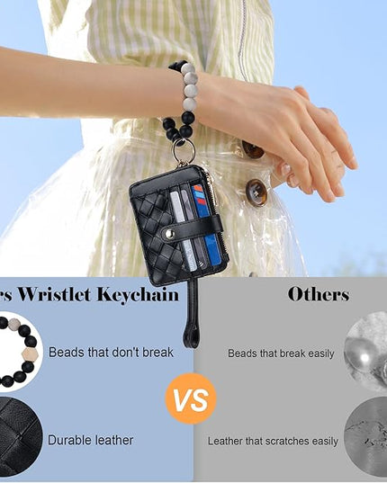 Keychain Wallet with Bracelet RFID Blocking Wristlet Credit Purse Card Holder, Silicone Bead Tassel Key Ring for Women