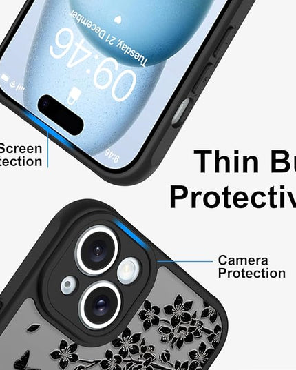 Cute Case for iPhone 15 Case with Stand [ Compatible with MagSafe ] Kawaii Black Cat & Floral & Butterflies Pattern Design 360 Magnetic Ring Kickstand Phone Cover for Women Girls Boys