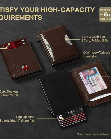 RUNBOX Slim Card Wallet for Men with ID Window – Minimalist RFID Wallet, Pop-Up Function, Ultra Thin Design, Metal Business Card Case Holds 8+ Cards, Gifts for Men, Men's Accessories