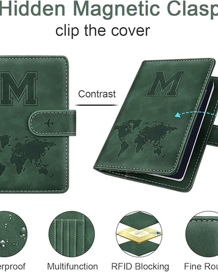 Personalized M Passport Holder Cover Initial Letter Travel Wallet RFID Blocking Passport Cover Credit Card Holder Case Passport Book Holders for Women and Men, Pine Green-M