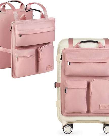 BAREFOOT CARIBOU Over Luggage Organizer for Carry On Bag or Suitcase with Storage Pockets, 16” Laptop Sleeve with Handle, Travel Accessories Bag Slide On Luggage Harness with Adjustable Straps (Pink)