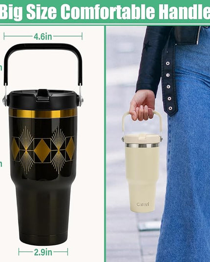 30 oz Tumbler with Handle, Vacuum Insulated Tumblers with Flip Straw and Top Handle, Reusable Insulated Cup for Home, Outdoors, Leakproof, Fits in Cup Holder, Cold for 30 Hours