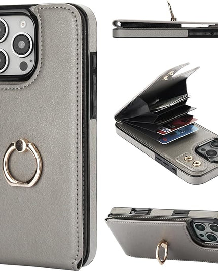 Folosu Compatible with iPhone 16 Pro Max Case Wallet with Card Holder, 360°Rotation Finger Ring Holder Kickstand, RFID Blocking Leather Protective Double Buttons Shockproof Cover 6.9 Inch Gray