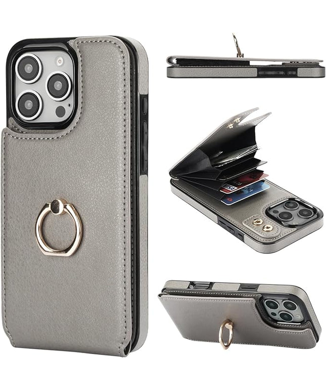 Folosu Compatible with iPhone 16 Pro Max Case Wallet with Card Holder, 360°Rotation Finger Ring Holder Kickstand, RFID Blocking Leather Protective Double Buttons Shockproof Cover 6.9 Inch Gray