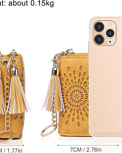APHISON RFID Credit Card Holder Zipper Card Case Keychain Small Wallet for Women 1942-2 LIGHT-YELLOW