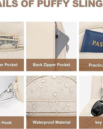 Sling Bag for Women, Anti-Theft RFID Crossbody Bag Nylon Sling Purse for Travel, Puffy Small backpack for Daily Hiking Sports White